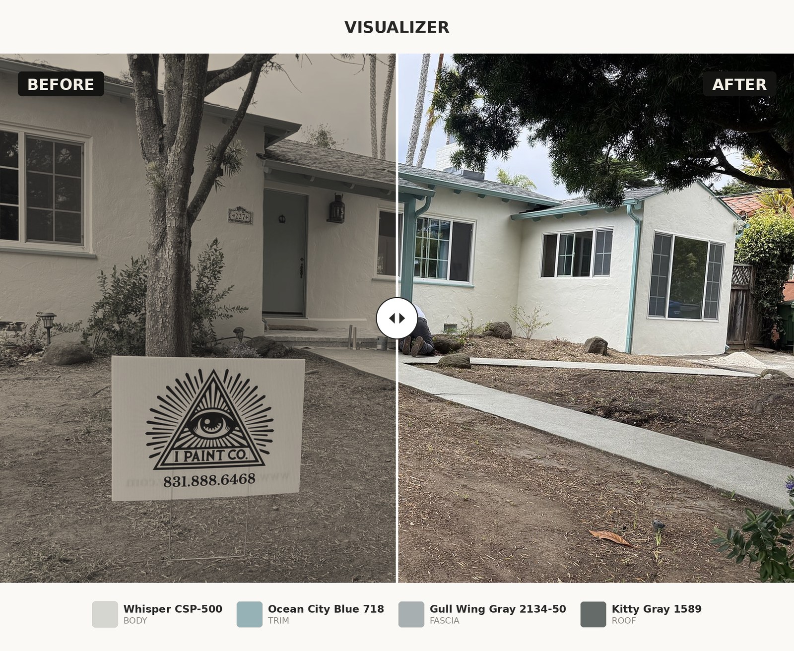 A house shown before and after, with a slider between them