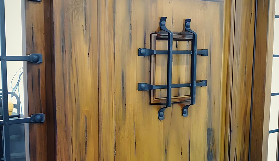 Hand-worked entry door with grain and depth built by hand, 2006